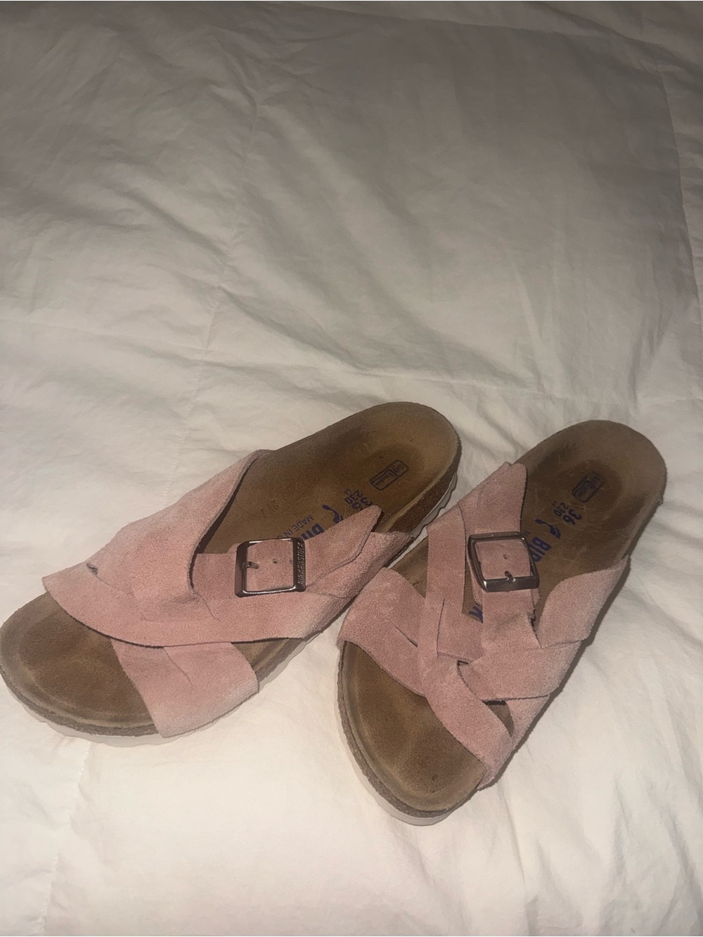 Birkenstock Pink Suede Crisscross Slide Sandals with Buckle - Picture 2 of 3
